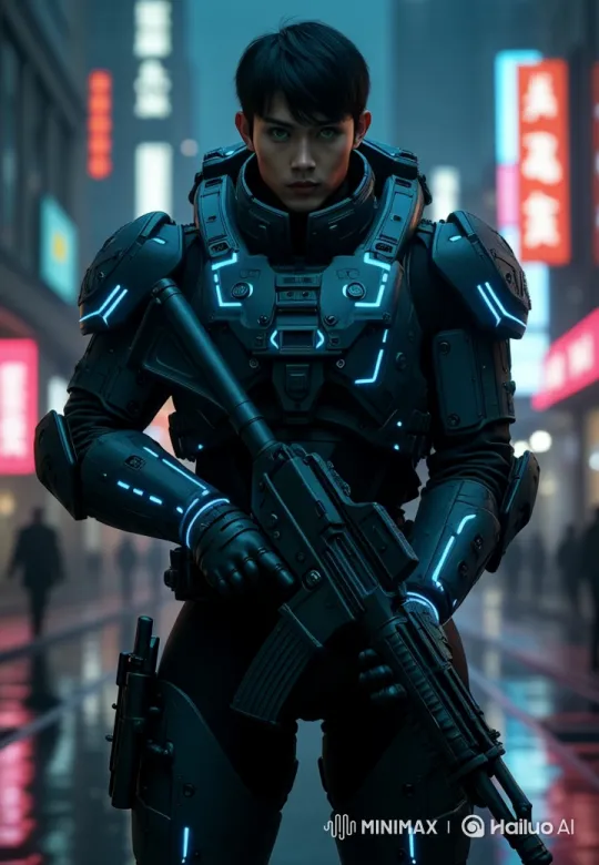 Futuristic Soldier Watches Dancing Baby in Neon City – AI Generated Video | Hailuo AI