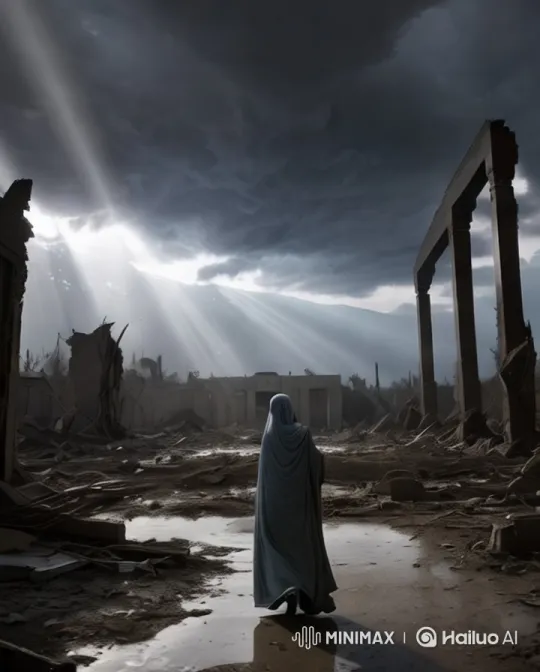 Woman Carrying Child Symbolizes Hope in Ruined City – AI Generated Video | Hailuo AI