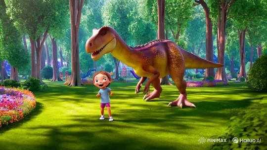 Child and Lifelike Dinosaur Play in Enchanted Park – AI Generated Video | Hailuo AI