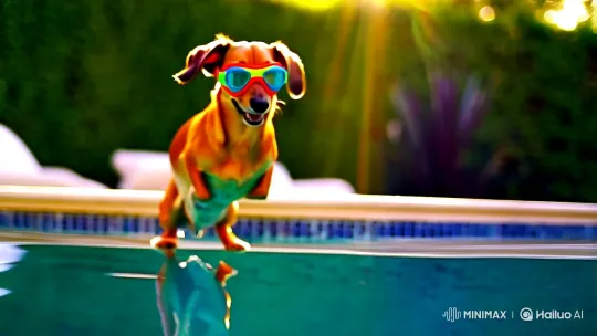 Diving Dachshund: A Splash of Joy in Colorful Water – AI Generated Video | Hailuo AI
