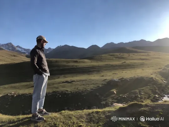 Man Overlooking Serene Landscape with Expansive Camera Moves – AI Generated Video | Hailuo AI