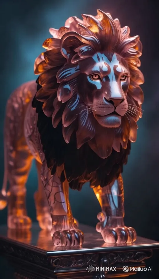 Artistic Majesty: Close-Up of a Glowing Glass Lion Sculpture – AI Generated Video | Hailuo AI