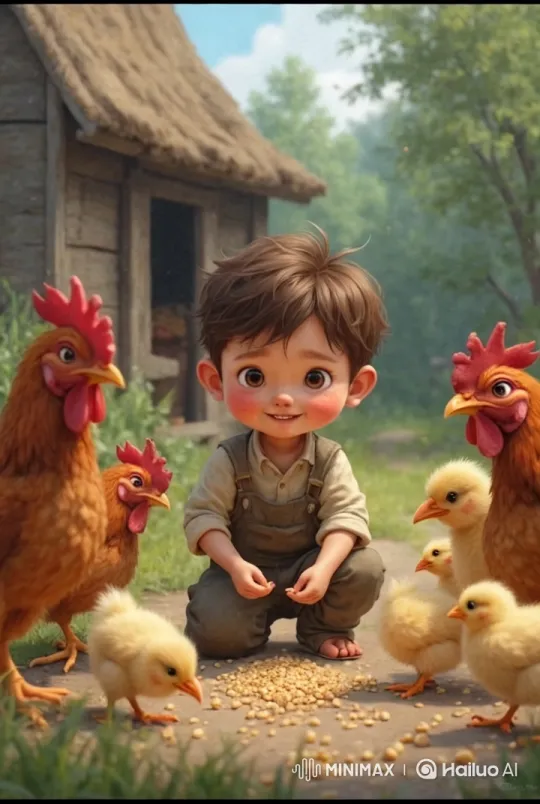 Boy Feeds Chickens in Serene Countryside – AI Generated Video | Hailuo AI