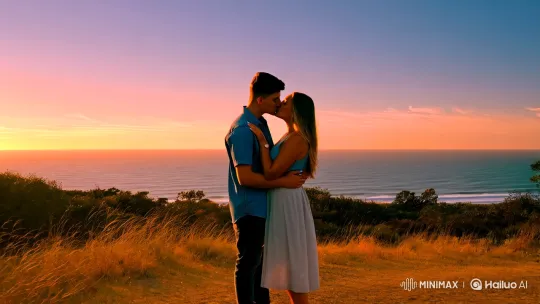 Romantic Couple Kisses Under Colorful Sunset Sky – AI Generated Video | Hailuo AI
