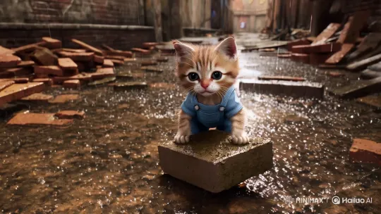 Adorable Kitten Struggles with Bricks in Muddy Construction Site – AI Generated Video | Hailuo AI