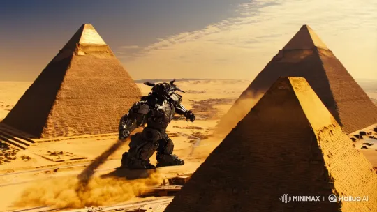 Colossal Robots Battle Amidst Pyramids in Futuristic Clash – AI Generated Video | Hailuo AI