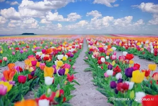 Colorful Tulip Field with Dynamic Water and Wildlife – AI Generated Video | Hailuo AI