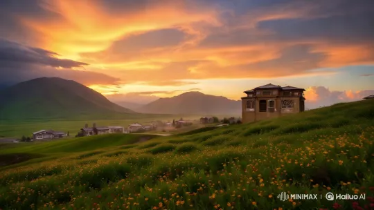 Sunset Panorama: Rustic House Amidst Majestic Mountains – AI Generated Video | Hailuo AI