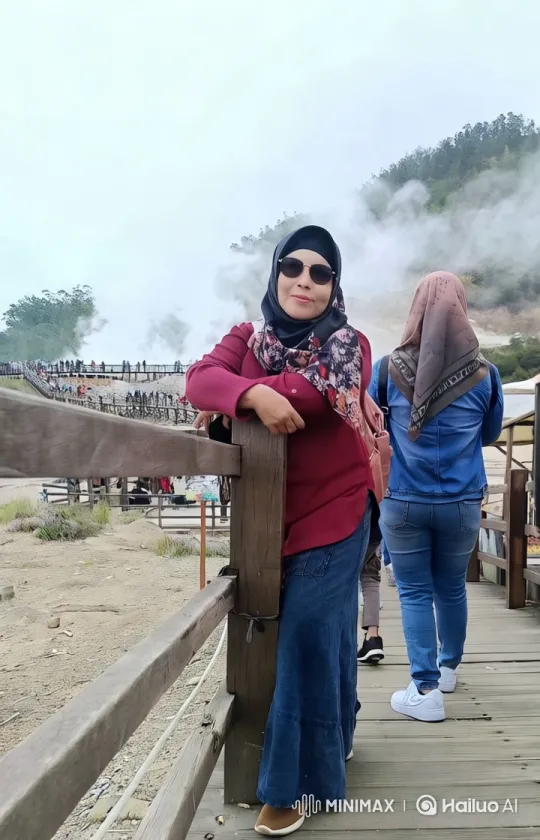 Red Blouse Woman in Geothermal Mist – AI Generated Video | Hailuo AI