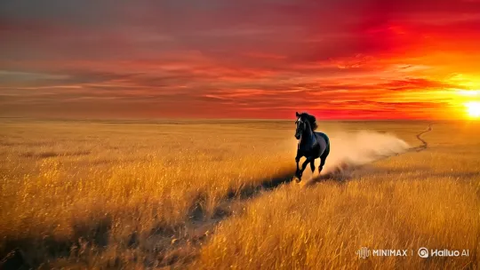 Black Horse Gallops in Golden Sunset Landscape – AI Generated Video | Hailuo AI