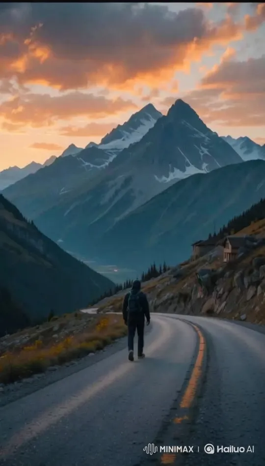 Sunset Trek: Hiker Journeys Through Majestic Mountains – AI Generated Video | Hailuo AI