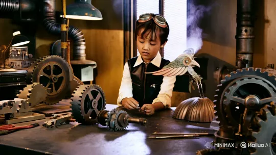 Young Inventor Crafts Mechanical Bird in Steam-Filled Workshop – AI Generated Video | Hailuo AI