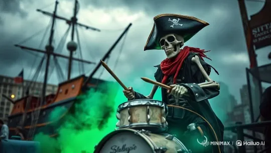 Energetic Skeleton Pirate Plays Drums on Haunted Ship – AI Generated Video | Hailuo AI