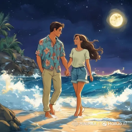 Romantic Stroll on the Moonlit Beach – AI Generated Video | Hailuo AI