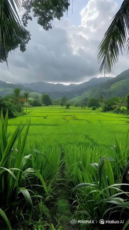 Tranquil Evening in Lush Green Rice Fields – AI Generated Video | Hailuo AI