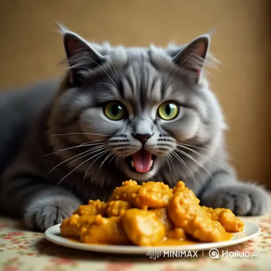 Fluffy Gray Cat Anticipates Meal with Excitement – AI Generated Video | Hailuo AI