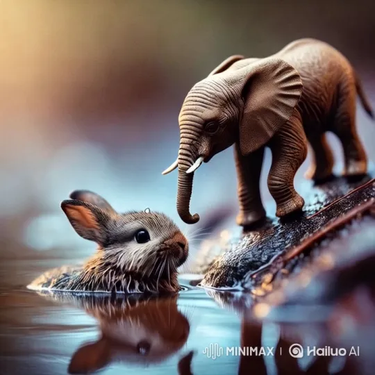 Elephant Rescues Struggling Rabbit on Rock – AI Generated Video | Hailuo AI
