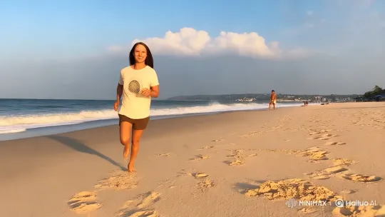 Joyful Woman Running on a Sunny Beach – AI Generated Video | Hailuo AI