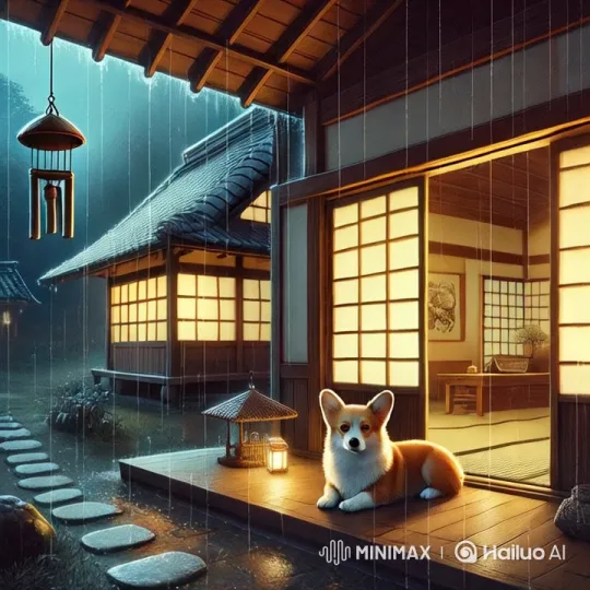 Japanese Home with Corgi, Rain, and Wind Chime – AI Generated Video | Hailuo AI
