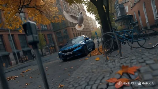 Fast Blue Car in Autumn Streets: Speed to Slow Motion – AI Generated Video | Hailuo AI