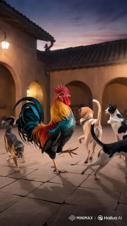 Rustic Courtyard: Rooster and Playful Pets – AI Generated Video | Hailuo AI