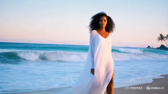 Woman in White Dress Walks Gracefully on Sunset Beach – AI Generated Video | Hailuo AI