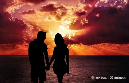 Couple Walking on Water at Sunset with 3D Aesthetic – AI Generated Video | Hailuo AI