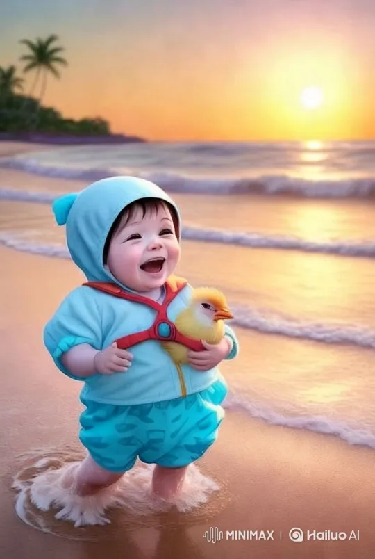 Baby with Chicken on Serene Sunset Beach – AI Generated Video | Hailuo AI