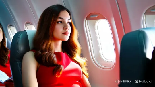 Red Dress Serenity: A Woman's Quiet Moment on a Flight – AI Generated Video | Hailuo AI