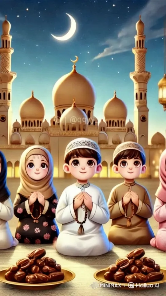 Children Praying at Grand Mosque Under Night Sky – AI Generated Video | Hailuo AI