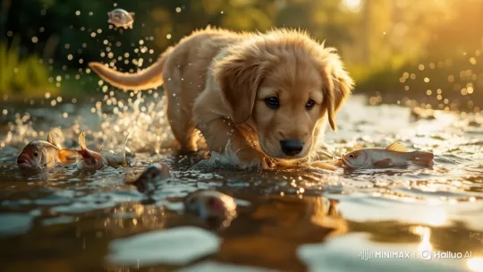 Golden Retriever Playfully Interacts with Fish in Sunlit Stream – AI Generated Video | Hailuo AI