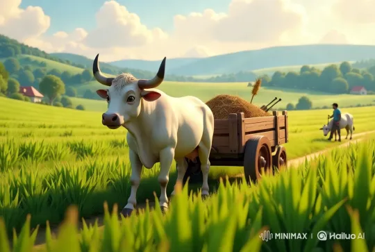 Tranquil Countryside: Bullock Cart Journey Through Lush Fields – AI Generated Video | Hailuo AI