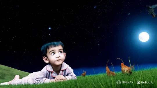 Innocent Curiosity: Child on Hill Under Starlit Sky – AI Generated Video | Hailuo AI