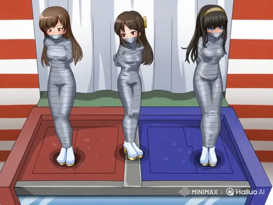 Three Figures in Silver Tape on Dynamic Platform – AI Generated Video | Hailuo AI