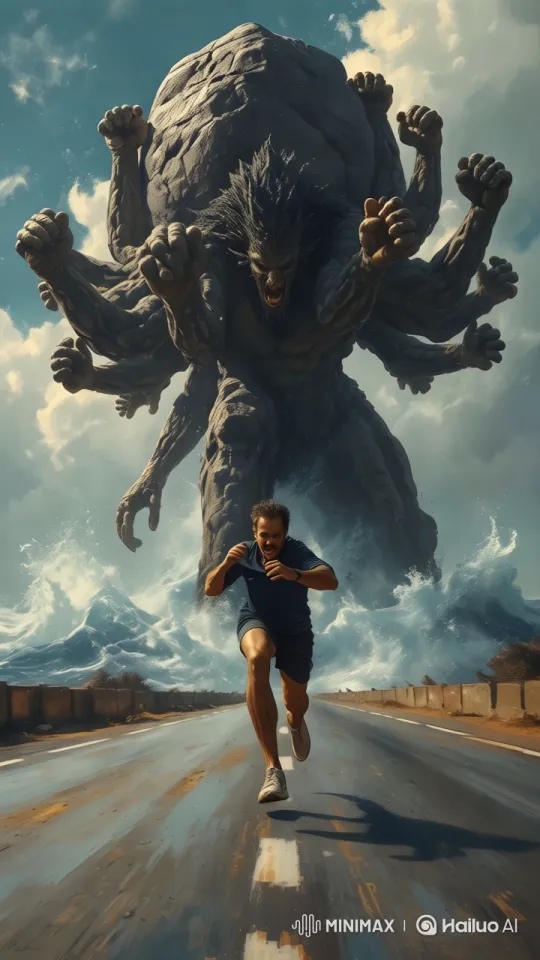 Man Flees Giant Hecatoncheires in Apocalyptic 8K Chase – AI Generated Video | Hailuo AI