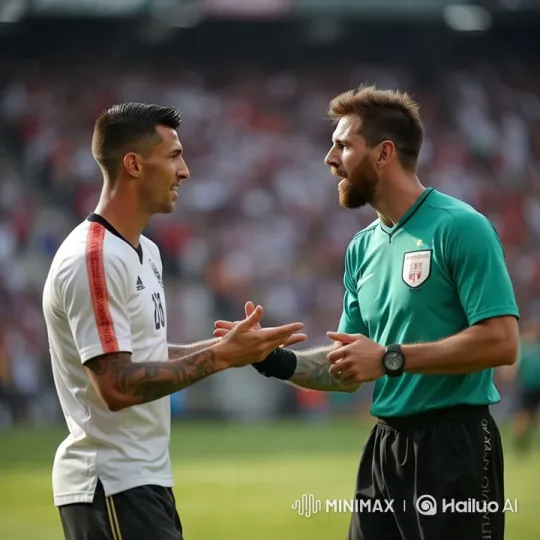 Soccer Player and Referee in Intense Stadium Discussion – AI Generated Video | Hailuo AI