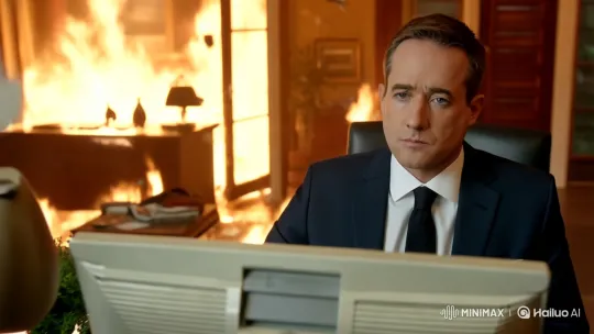 Man Calmly Works Amidst Office Fire – AI Generated Video | Hailuo AI
