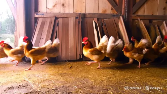 Chickens Create Rhythmic Dance in Rustic Barn Setting – AI Generated Video | Hailuo AI