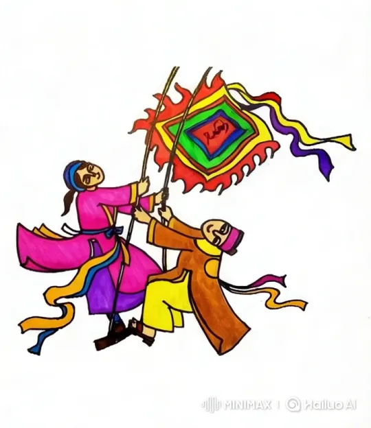 Dynamic Illustration of Two Figures with Vibrant Flag – AI Generated Video | Hailuo AI