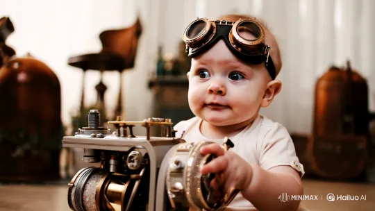 Baby in Steampunk Charm Admires Mechanical Engine – AI Generated Video | Hailuo AI
