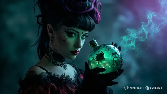 Gothic Witch with Glowing Elixir in Mystical Atmosphere – AI Generated Video | Hailuo AI