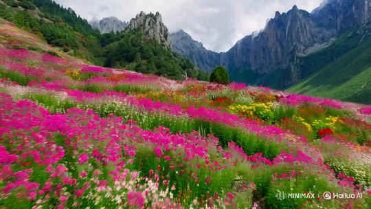 Mountain Serenity: Vibrant Flowers in Majestic Landscape – AI Generated Video | Hailuo AI