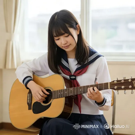 Acoustic Guitar Performance by Focused Girl in Serene Setting – AI Generated Video | Hailuo AI