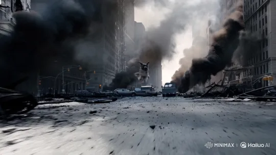 Resilient Puppy Navigates War-Torn NYC Streets – AI Generated Video | Hailuo AI