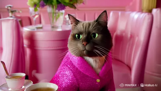 Pink-Themed Bar: Cat's Curious Gaze on Kyoto Snowfall – AI Generated Video | Hailuo AI