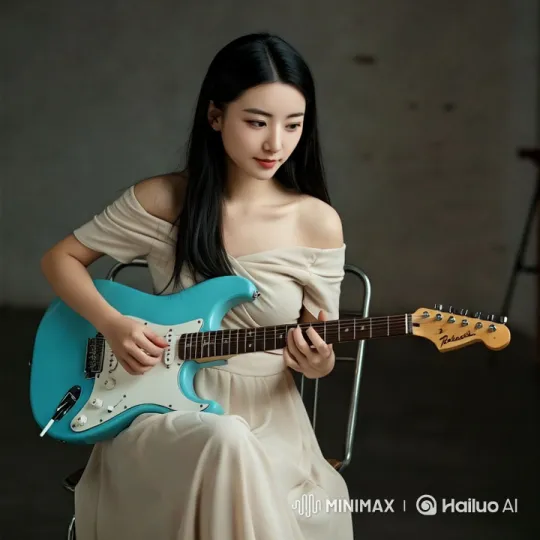 Elegant Girl Plays Guitar in Graceful Video – AI Generated Video | Hailuo AI