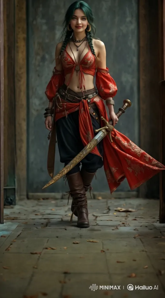 Elegant Model Showcases Outfit and Sword in Rustic Setting – AI Generated Video | Hailuo AI