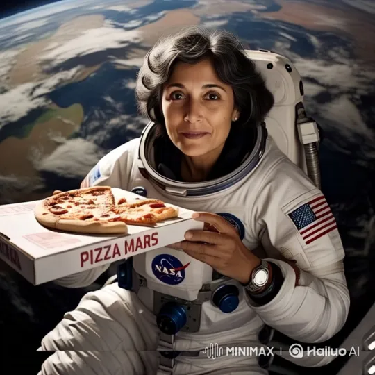 South Asian Woman in Spacesuit Celebrates with Pizza – AI Generated Video | Hailuo AI