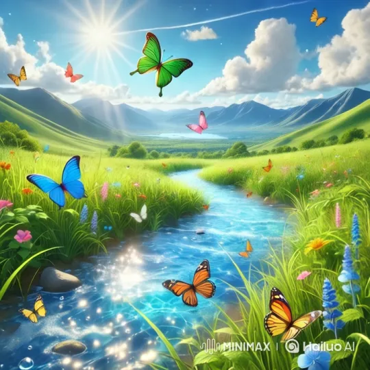 Vibrant Meadow: Serene Stream & Fluttering Butterflies – AI Generated Video | Hailuo AI