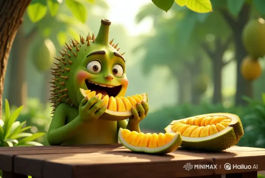 Animated Durian Lover Enjoys Fruit in Tropical Paradise – AI Generated Video | Hailuo AI